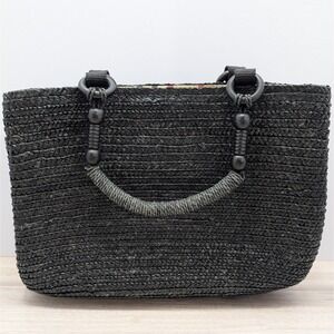 Croft & Barrow Black Woven Straw Handbag Purse, Boho Style Macrame Handles